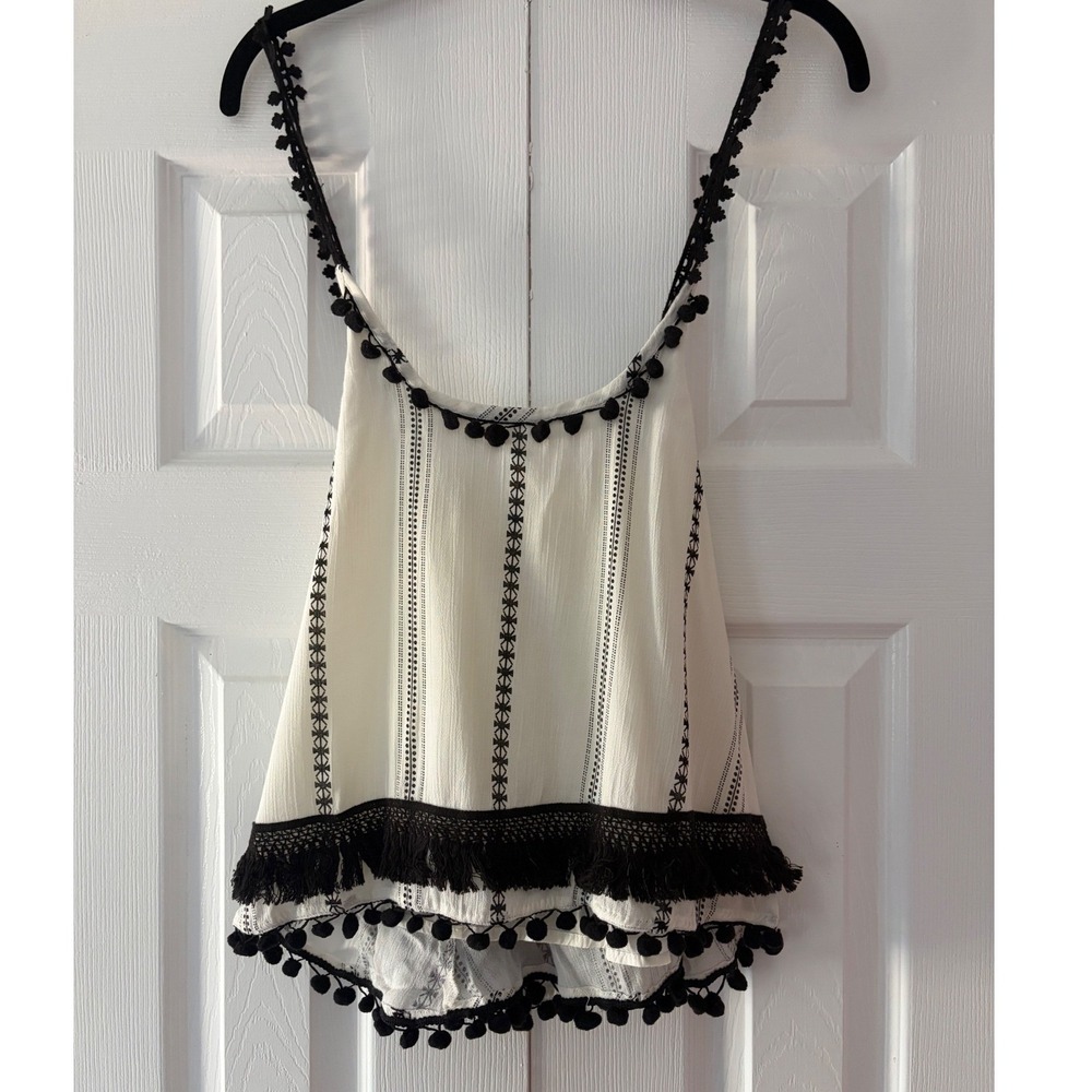 Tularosa Ivory Black Embroidered Pom Pom Tassel Camisole Top XS Boho